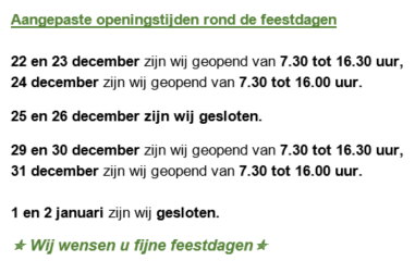 Aangepaste openingstijden rond de feestdagen 2025